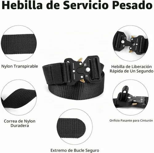 Vista 2 de Cinturón táctico para hombre, tela militar de nailon con hebilla de liberación rápida, ideal para el trabajo, senderismo Negro