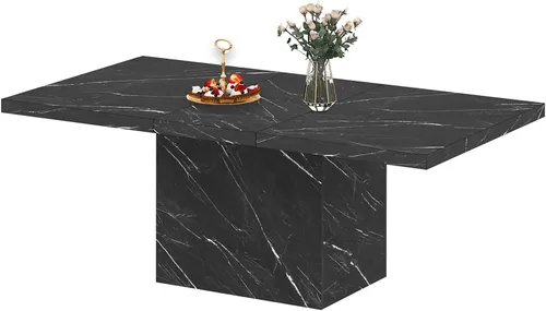 Vista 8 de HSH Mesa de comedor de mármol sintético negro, mesa de comedor moderna de 63 pulgadas para 6 personas, mesa de cocina rectangular de granja