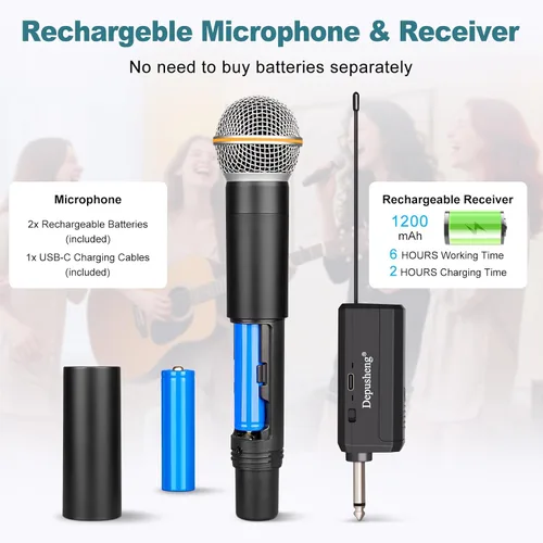 Vista 5 de Depusheng Micrófono inalámbrico, micrófono recargable, micrófono inalámbrico dinámico de mano para cantar karaoke, boda, DJ, fiesta, discurso