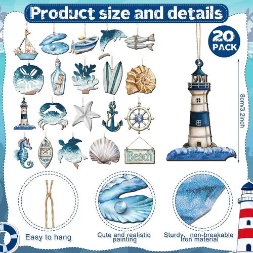 Vista 4 de 20 adornos de metal oceánico oceánico costero de navegación náutica para árbol, estrellas de mar, caballito de mar, tortuga, decoraciones colgantes