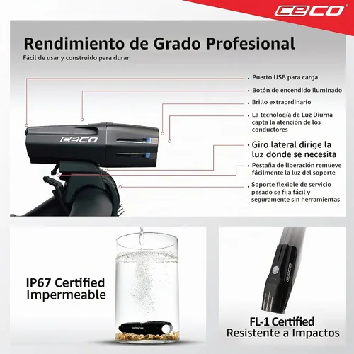 Vista 5 de CECO -Estados Unidos: Luz de bicicleta recargable USB de 1.200 lúmenes - Resistente y duradera IP67 impermeable y resistente a los impactos FL-1