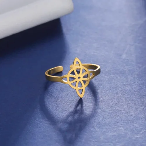 Vista 12 de UNIFT Anillo de nudo de bruja para mujer, de acero inoxidable, estilo geométrico, elegante, elegante, irlandés, nudo celta, ajustable, anillo