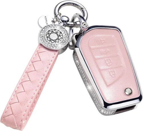 Vista 31 de Funda para llave inteligente con llavero, de piel auténtica color rosa, con cristales, carcasa protectora