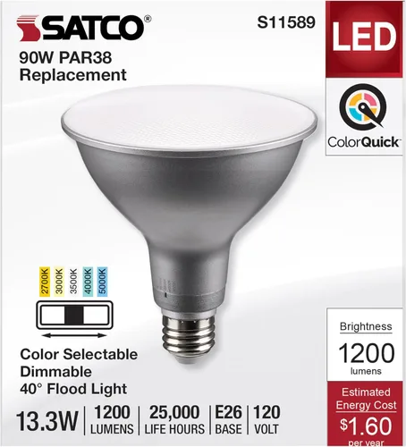 Vista 3 de Satco S11589; LED PAR38 de 13.3 vatios; base media; acabado plateado; CCT seleccionable; 120 voltios; ángulo de haz de 40 grados