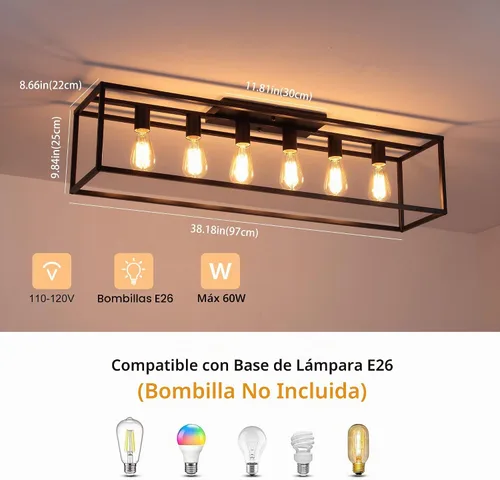 Vista 3 de Garwarm Lámpara de techo rectangular de montaje empotrado de 6 luces, lámpara de araña negra enjaulada de metal de 38 pulgadas, lámpara de techo
