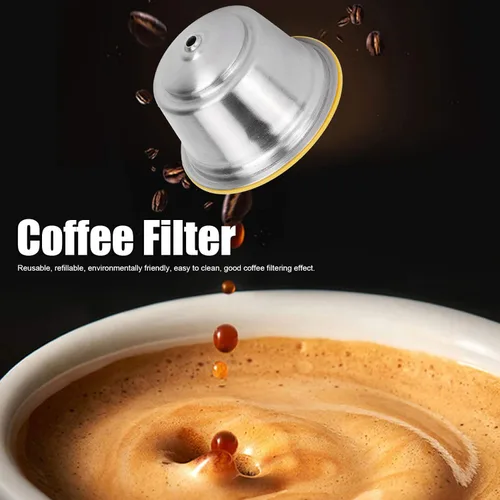 Vista 2 de Cápsulas de café reutilizables recargables de 2.087 in, taza de filtro, cápsula de café de acero inoxidable para cafetera Dolce Gusto (amarillo)