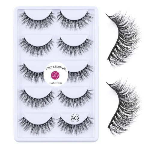 Vista 4 de Pestañas postizas 100% visón siberiano, pestañas falsas 3D, de desorden natural, volumen grueso, pestañas postizas 5 pares/caja, Negro