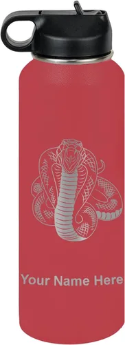 Vista 10 de LaserGram Botella de agua personalizada, serpiente de cobra, acero inoxidable de doble pared aislada al vacío con popote superior, regalo grabado