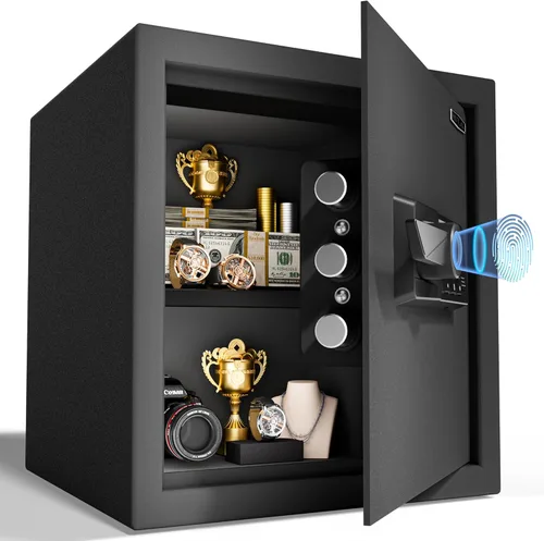 Vista 12 de Caja Fuerte Biométrica de 1.0 Pies Cúbicos con Bolsa Ignífuga, Caja Fuerte de Acceso Rápido por Huella Dactilar con Llaves, Teclado Digital, Puerto