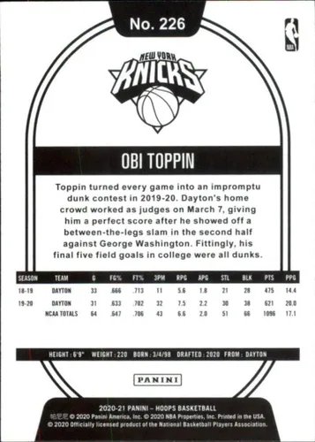 Vista 2 de 2020-21 NBA Hoops #226 Obi Toppin RC Rookie New York Knicks Oficial Panini Basketball Trading Card (foto de stock, condición NM-MT)