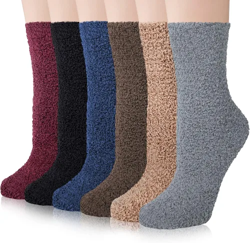 Vista 11 de YSense Calcetines mullidos y mullidos para mujer, 6 pares, calcetines de Negro Marrón Blanco Caqui
