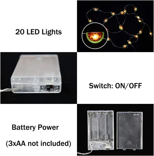 Vista 5 de Guirnalda de 20 luces LED de cobre sandía, funciona con pilas, para Navidad, fiesta de cumpleaños, vacaciones, decoración de verano, sandía