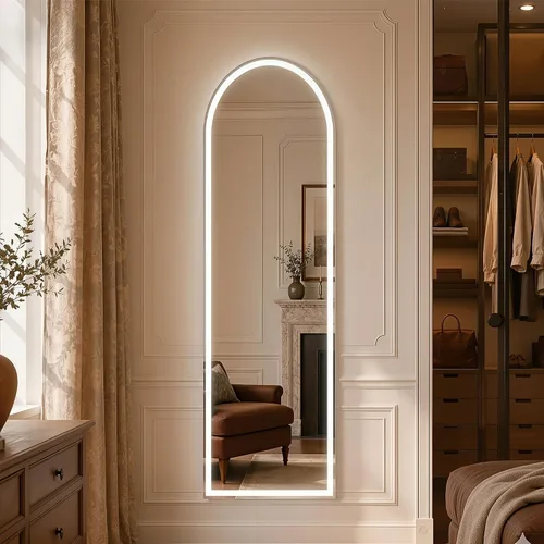 Vista 5 de Espejo arqueado de cuerpo entero con luces LED, espejo de piso LED de 60"x16" con soporte, espejos de piso para el cuerpo con atenuación e