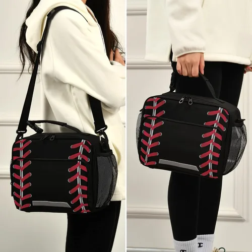 Vista 5 de Bolsa de almuerzo de béisbol aislada, color negro, enfriador, contenedor de alimentos para adultos, hombres y mujeres