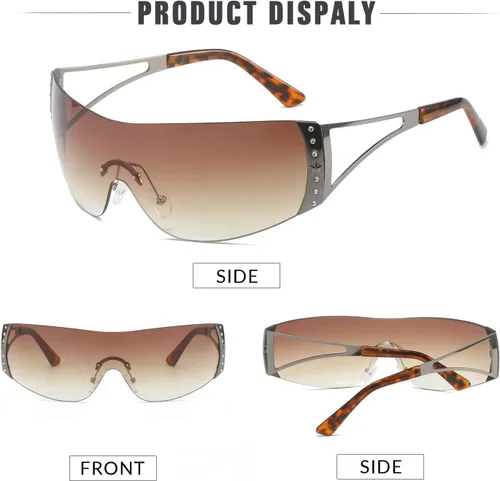 Vista 4 de SORVINO Lentes de sol Y2K sin montura para mujeres y hombres, diseño de escudo futurista de moda, de gran tamaño de los años 2000, con estrellas