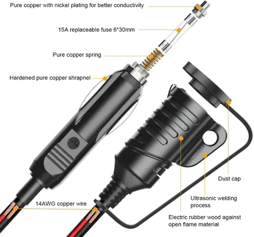 Vista 8 de Cable de extensión para encendedor de cigarrillos, 4 pies/12 V/120 W/15 A, compatible con bomba de compresor de aire e inflador de neumáticos