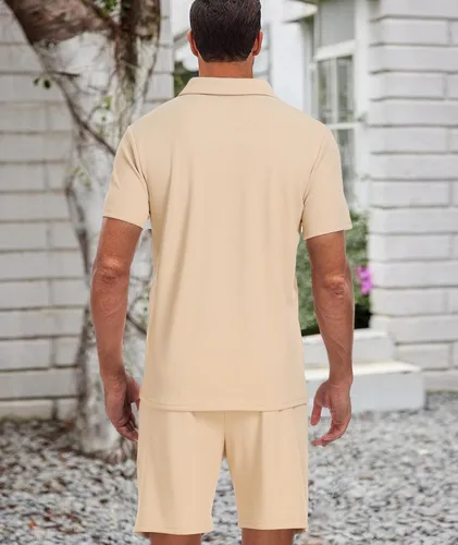 Vista 4 de Conjunto de camisa polo y pantalones cortos para hombre, conjunto de 2 piezas, de verano, casual, de punto gofre, de manga corta, para hombre