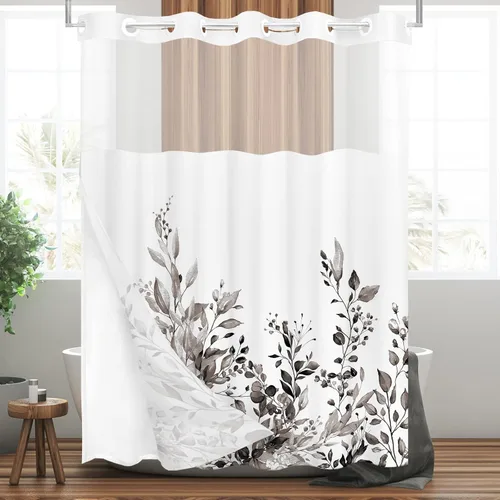 Vista 58 de Tititex - Juego de cortinas de ducha de eucalipto negro, hojas de acuarela gris en la parte superior, con decoración floral de baño, 60 x 72