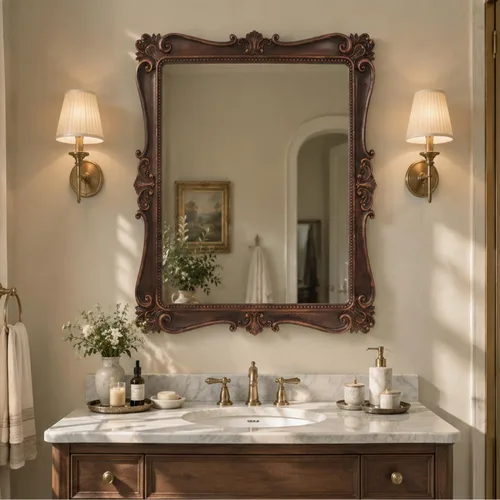 Vista 10 de Antique Brown Wall Mirror, Vintage European Ornate Carved Frame 16 x 22 Inch, HD Glass Mirror, Hand-Applied Distressed Finish, Ready to Hang, for