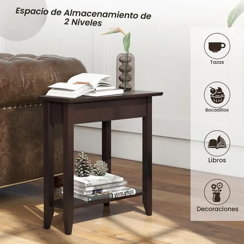 Vista 4 de GOFLAME Mesa auxiliar de cuña de 2 niveles, mesa auxiliar triangular estrecha con estante de almacenamiento, patas de madera maciza, mesita