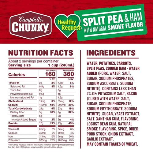 Vista 2 de Campbell's Chunky Healthy Request - Sopa de guisantes divididos con sabor a jamón y humo natural, lata de 19 onzas (paquete de 12)