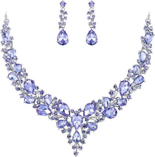Vista 27 de BriLove Women's Wedding Statement Necklace Dangle Earring Jewelry 01-Tono plateado transparente