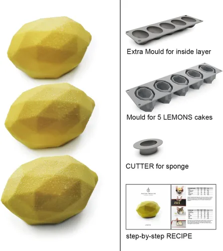 Vista 2 de Molde de silicona de limón para hornear. KIT: 1 para pasteles, 1 para relleno, 1 cortador para esponja. Molde de silicona geométrico 3D