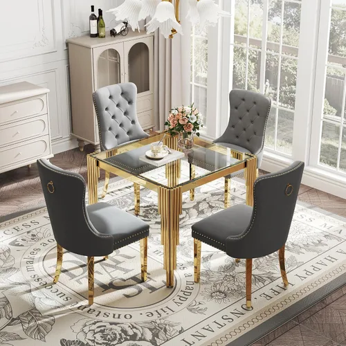 Vista 35 de Juego de mesa de comedor de cristal de 5 piezas para 4, mesa de cocina cuadrada de 37 pulgadas con 4 sillas tapizadas de terciopelo negro, mesa