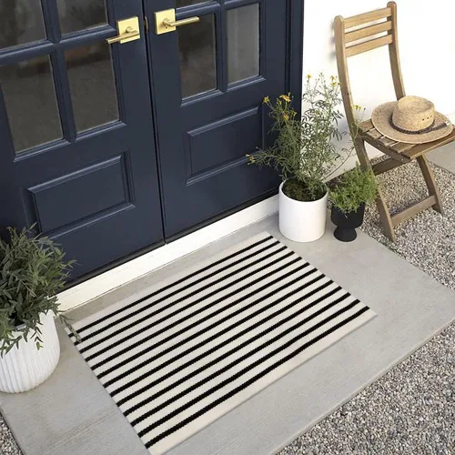 Vista 8 de KIMODE - Alfombra de algodón tejida con diseño a rayas en color negro, para puerta de entrada, cocina, decoración de estilo rústico