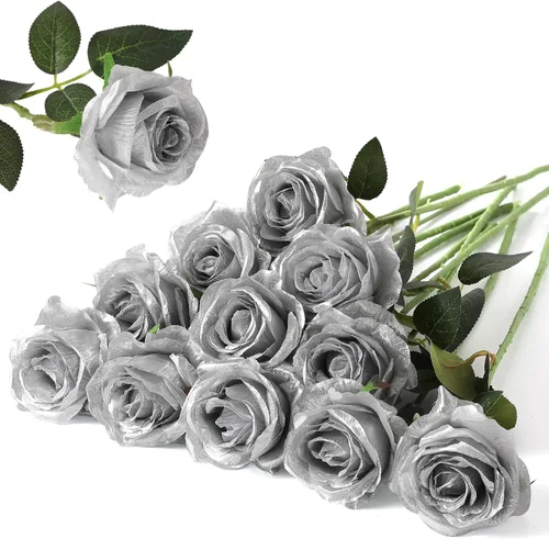 Vista 21 de Hawesome - Ramo de 12 rosas artificiales de seda con tallo largo para decoración del hogar, boda, fiesta (Negro-1)