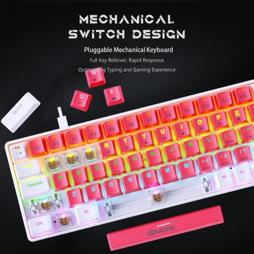 Vista 2 de abucow Teclado mecánico con cable 60% - Diseño compacto de 68 teclas, anti-fantasma completo, interruptor marrón intercambiable, teclas blancas