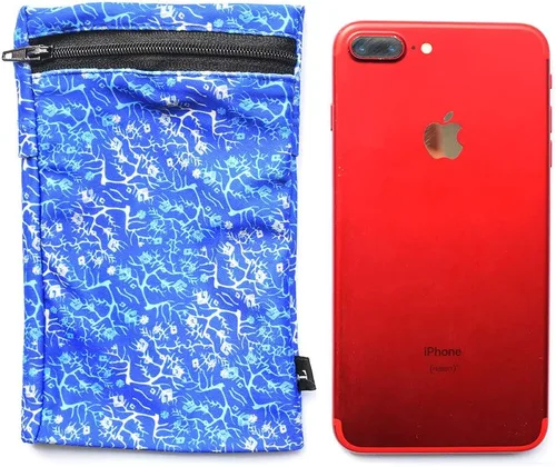 Vista 4 de Muñequera con 2 bolsillos, cartera, para teléfono celular, para tobillo, banda de sudor, para brazo, bolsa oculta, para viajar, correr, Azul