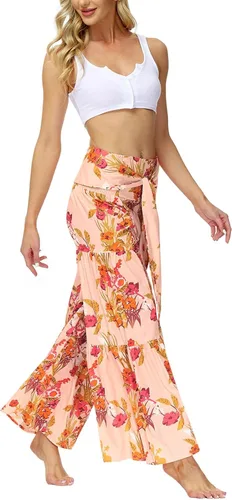 Vista 3 de Timemory Pantalones palazzo de pierna ancha para mujer holgados casuales para playa bohemio estampado floral pantalones bohemios con cinturón