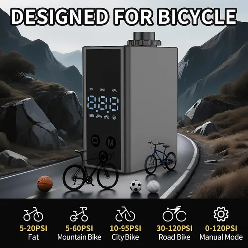 Vista 5 de Mini bomba de bicicleta con manómetro, bomba eléctrica de bicicleta de 120 PSI, bomba de aire recargable para bicicleta portátil, parada automática