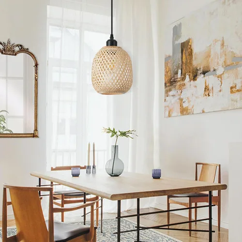 Vista 5 de 1 lámpara colgante de bambú tejida a mano, estilo bohemio, elegante, cordón ajustable, ratán de bambú, lámpara colgante de techo para comedor, bar