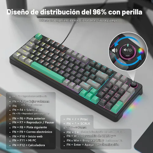 Vista 5 de Teclado mecánico AK96 con pantalla inteligente y perilla, montaje superior 96% teclado mecánico con cable USB-C, intercambiable en caliente, soporte