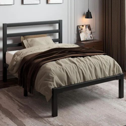 Vista 11 de LoVinson Marco de cama de metal tamaño King con cabecero, listones de metal, color blanco
