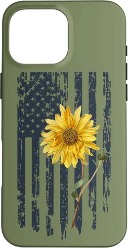 Vista 19 de iPhone 16 Yellow Sunflower Patriotic US American Flag Women Sage Green Case