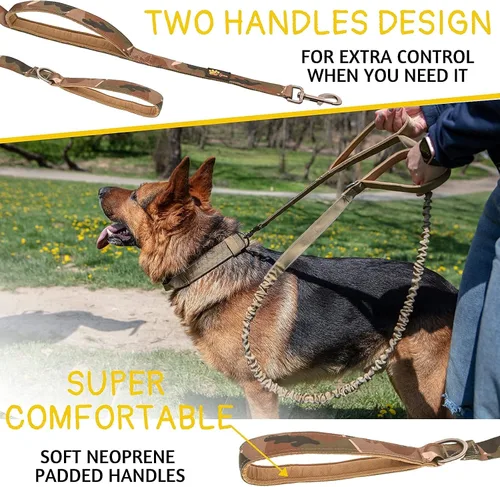 Vista 3 de ADITYNA Correa táctica elástica para perro de 6 pies - 7.5 pies – Correa de absorción de golpes con 2 asas acolchadas, cierre de metal, cinturón