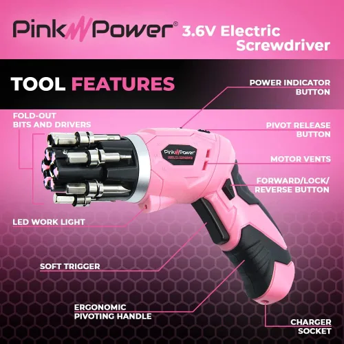 Vista 2 de Pink Power, taladro eléctrico de 4,8 Volt, recargable, juego de desarmadores con nivel de burbuja.