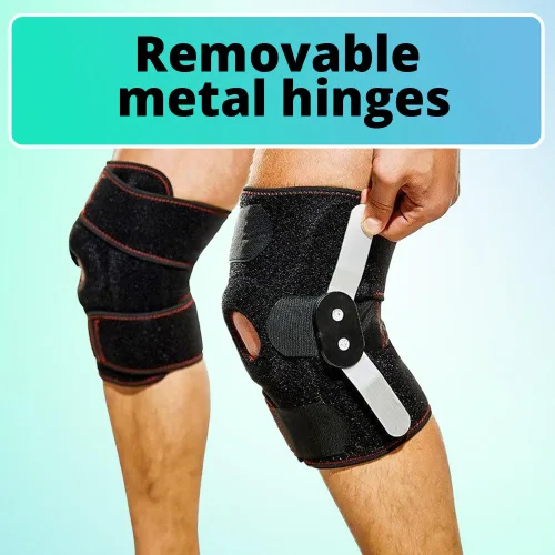 Vista 3 de Rodillera con bisagras para hombres y mujeres, rodillera ajustable con bisagras de metal extraíbles y estabilizadores laterales integrados