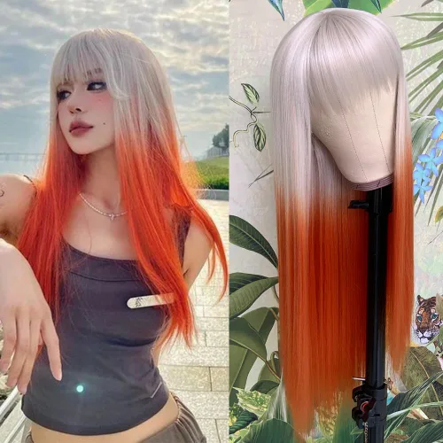Vista 7 de QD-Tizer Pelucas sintéticas de color rubio ceniza con flequillo, pelucas de cabello largo y lacio, sin pegamento, pelucas sintéticas sin encaje