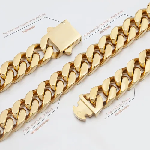 Vista 5 de GUQILA Cadena de eslabones cubanos para hombre, acero inoxidable, chapado en oro de 18 quilates, collar de cadena cubana de Miami, plata hip-hop