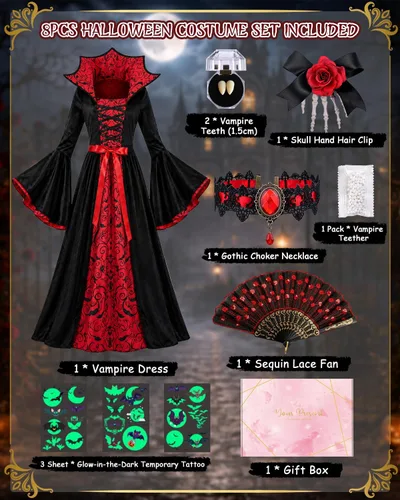 Vista 3 de Disfraz de vampiro para niñas de 4 a 12 años, conjunto de vestido gótico