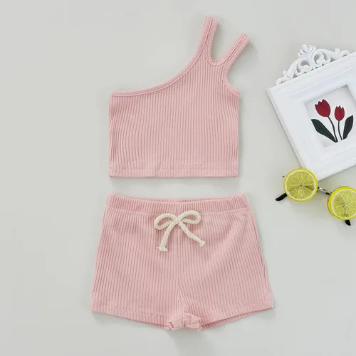 Vista 2 de iddolaka Conjunto de dos piezas de algodón con un hombro y pantalones cortos de color sólido, ropa casual de verano