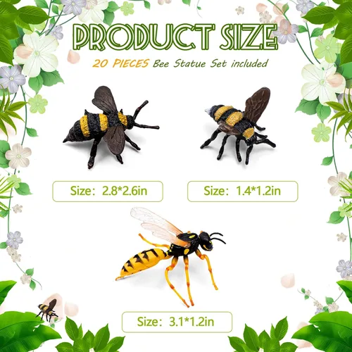 Vista 2 de RoundFunny Juego de 20 figuras de abeja de miel realistas, varios modelos de abejas, abejas falsas, colección educativa temprana de criaturas