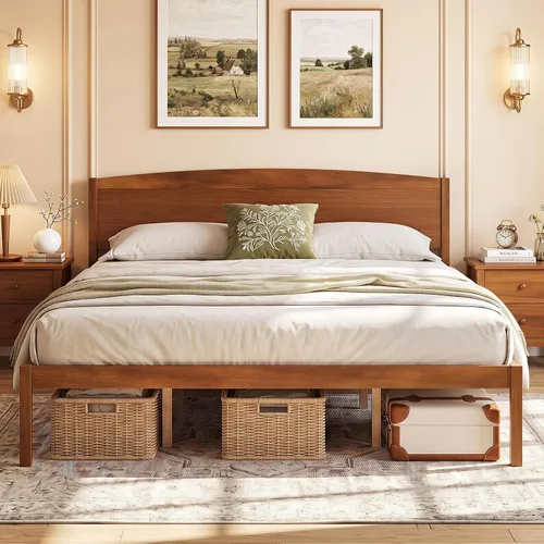 Vista 10 de GIANTEX Twin Size Wooden Bed Frame with Curved Headboard, Wood Slat Support