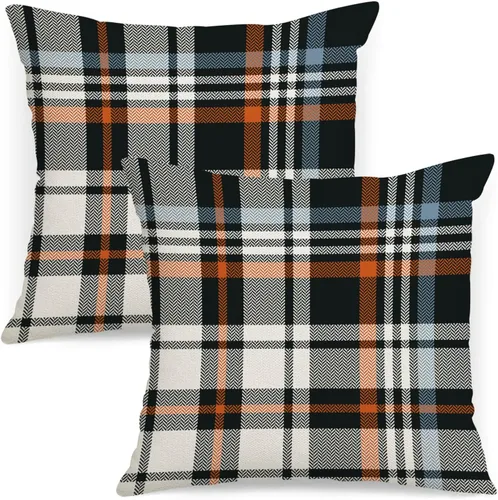Vista 16 de AOFANGGO - Juego de 2 fundas de almohada de otoño decorativas de 16x16 pulgadas. Fundas de almohada de cuadros naranja y gris, cojines de lino