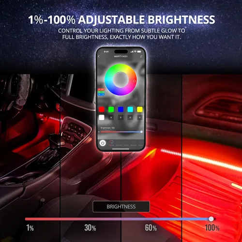 Vista 5 de OPT7 Aura Pro 4 piezas Tiras de luz LED dobles para interior de auto con APP y control remoto, modo multicolor, kit de iluminación de acento de neón