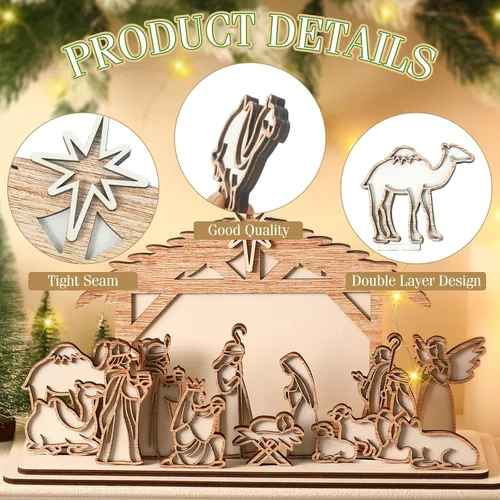 Vista 3 de Soaoo - Juego de 15 piezas de pesebre de Navidad, decoración de mesa de pesebre de madera Baby Jesus Angels Shepherds, centro de mesa de belén